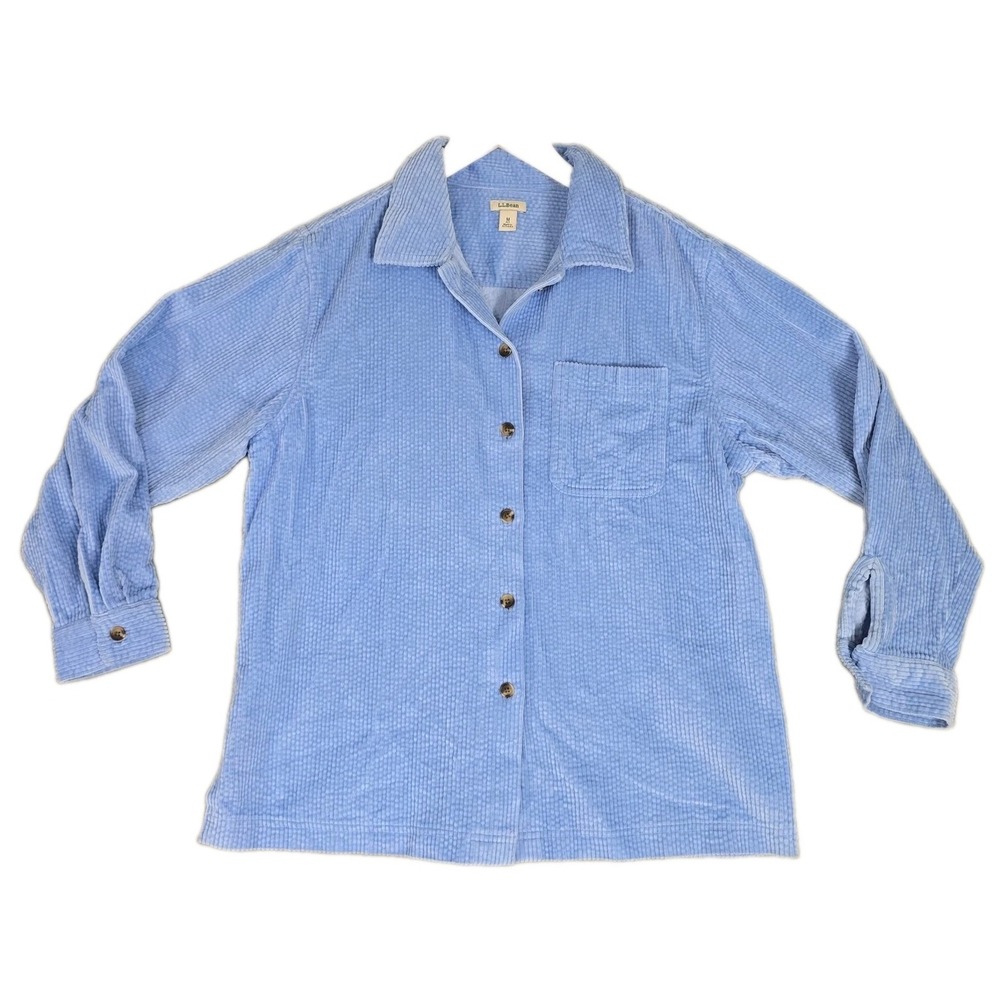 LL Bean Womens Corduroy Button Up Shirt Jacket Shacket Medium Petite Blue Cabin